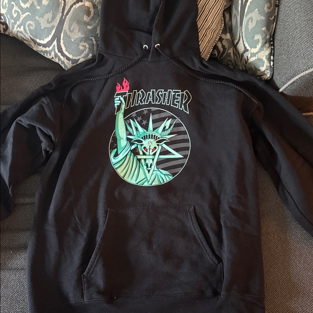 Thrasher Black Hoodie with Statue Graphic